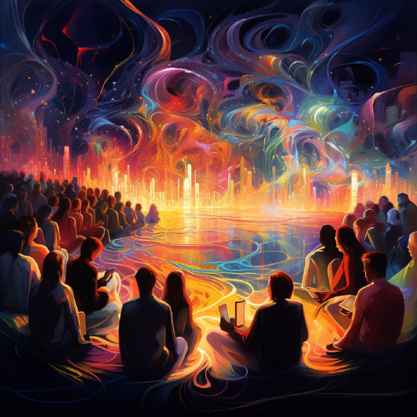 Featured image of post Human Alignment Technology: AI generated image of a group of people sitting and collectively imagining a distant city made of colors and light.